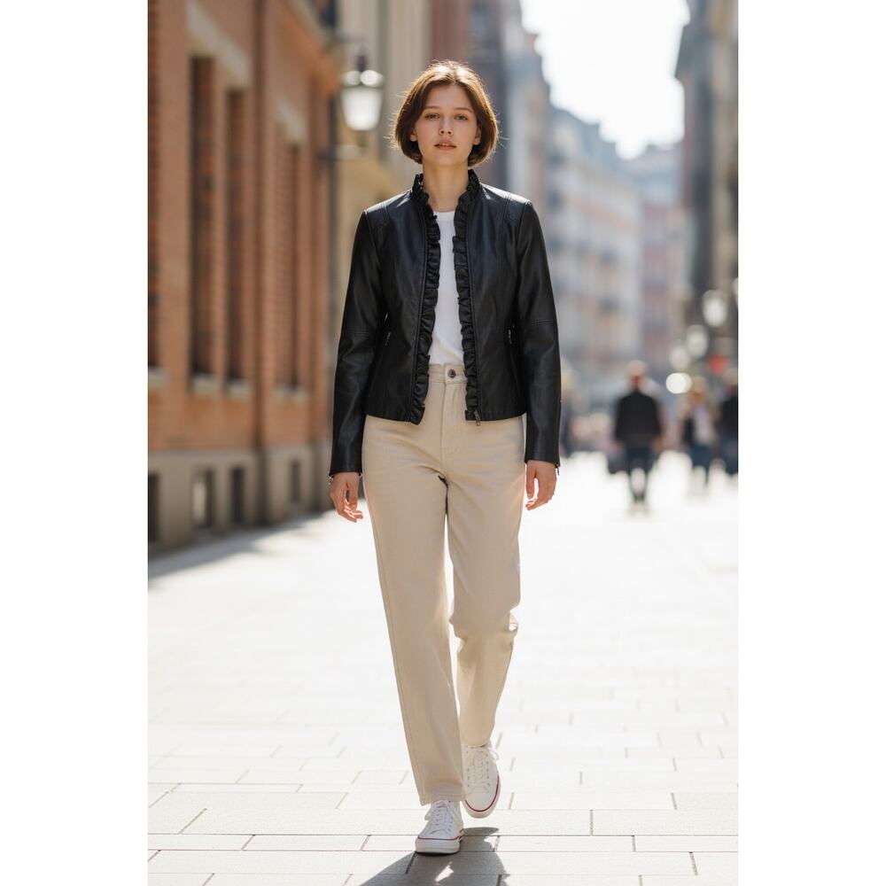 Giacca A Gallery Company Womens S Black Faux Leather Ruffled Jacket